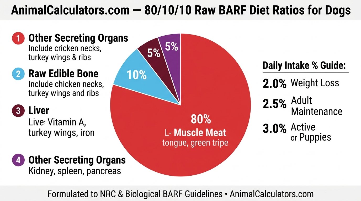 80/10/10 Raw BARF Diet Ratios for Dogs