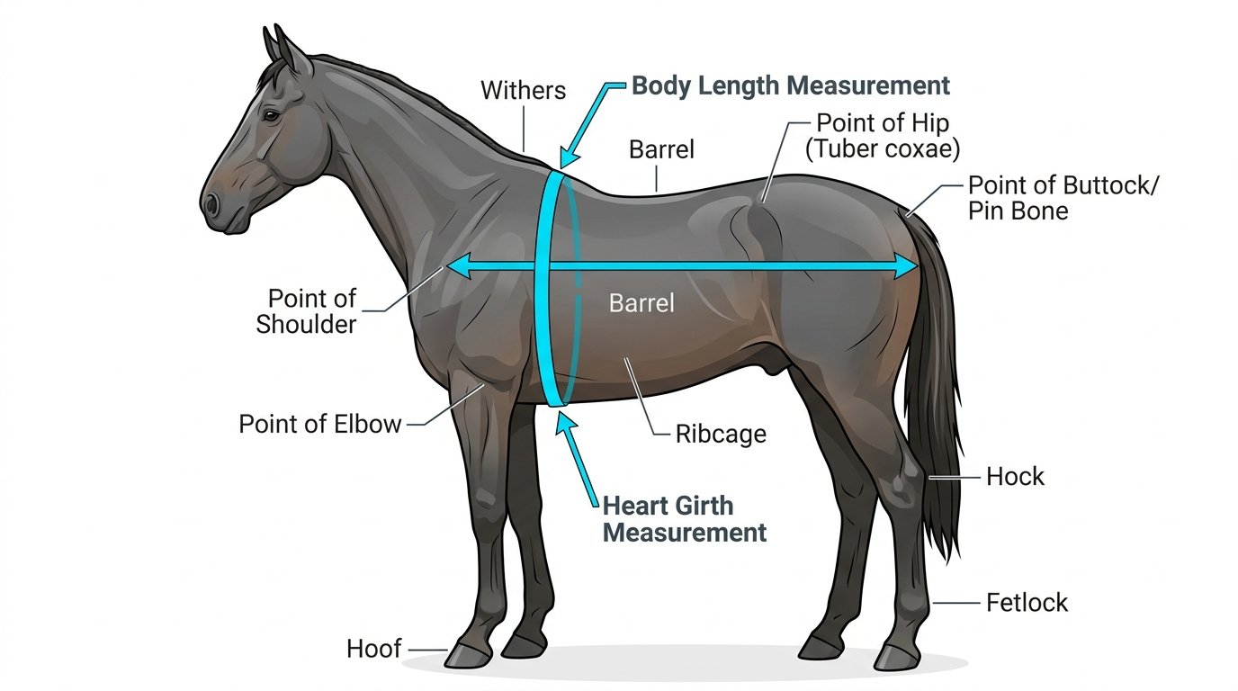Horse Weight Tape Landmarks: Measure heart girth behind the elbows and body length from point of shoulder to point of buttock